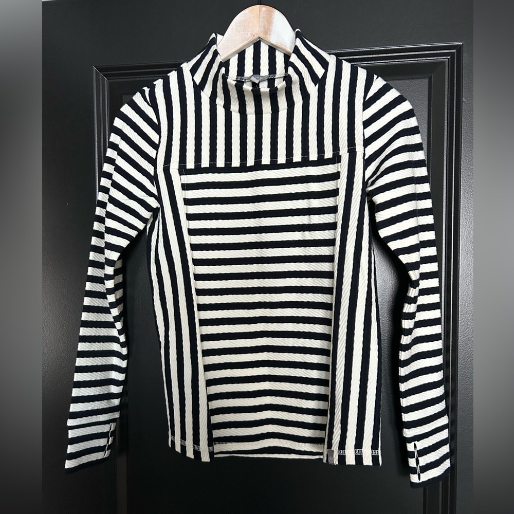 Talbots Navy and White Textured Stripe Mock Turtleneck Petite NWT